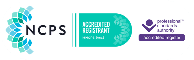 NCPS accredited registrant badge, National Counselling and Psychotherapy Society